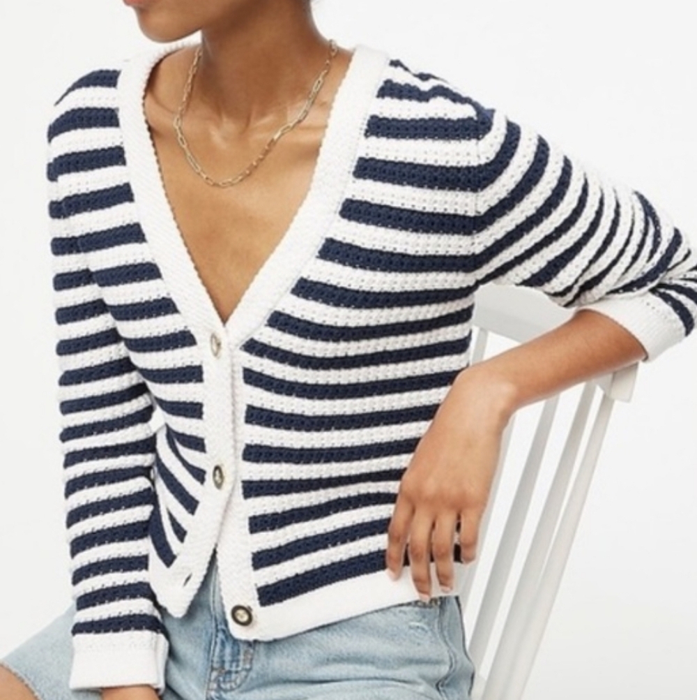 J. Crew Striped knit V-neck cardigan sweater WHite Antique Navy Blue XL